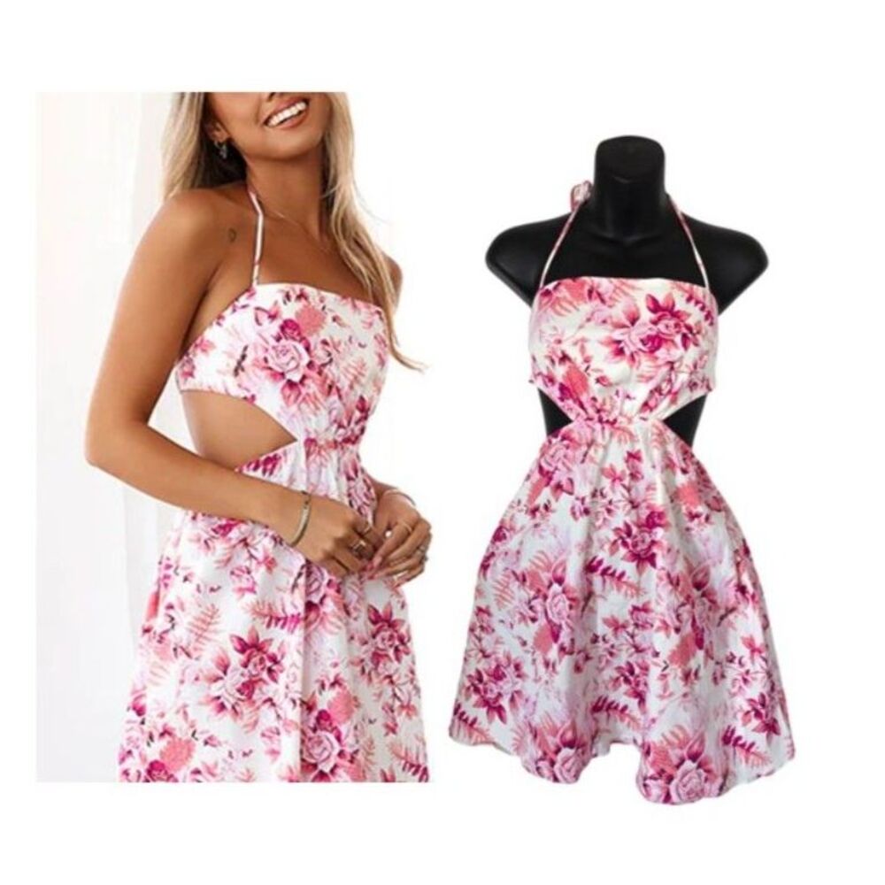 Hello Molly Pink Floral Halter Cut-Out Mini Dress XS Tropical Romantic Coquette